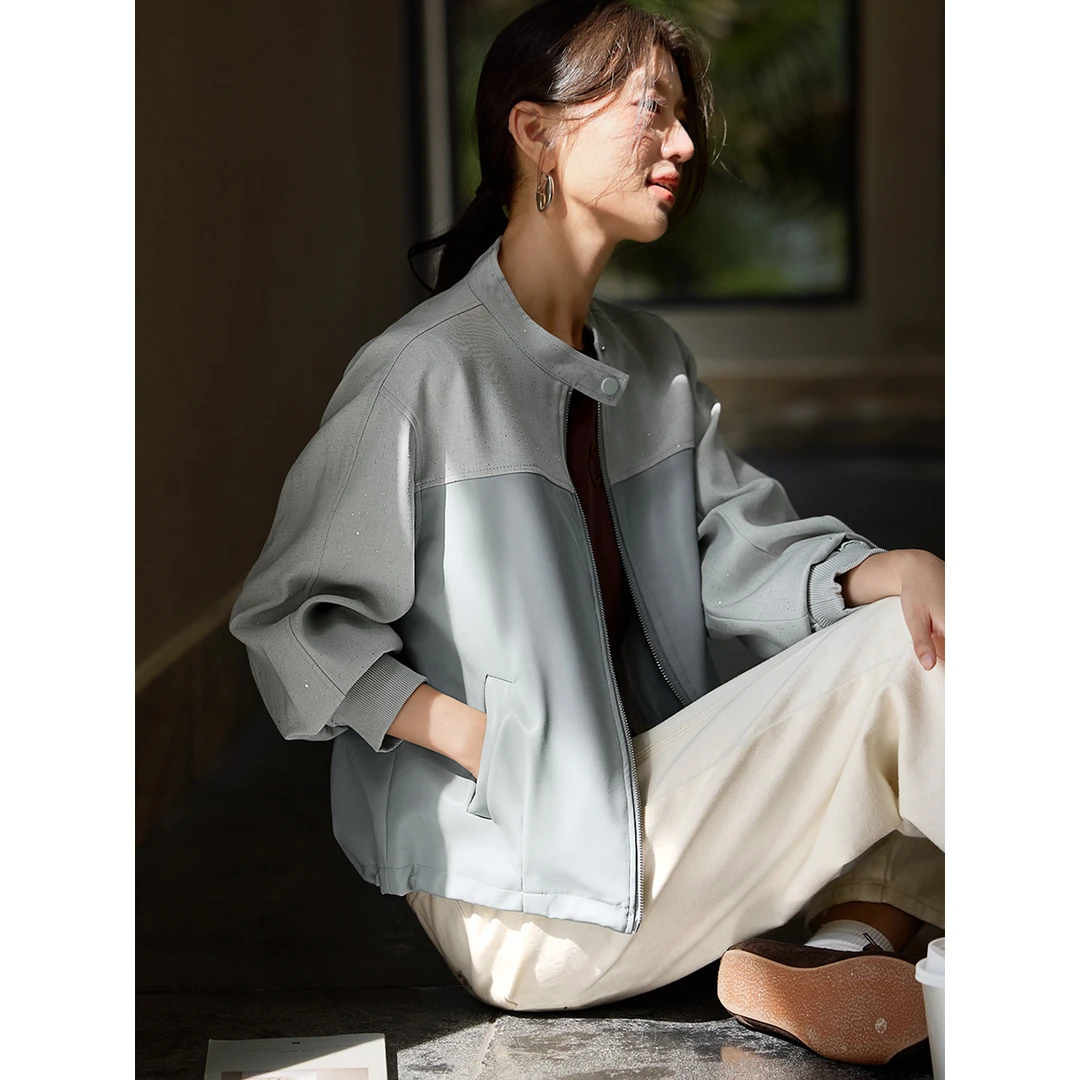 XWI/欣未【闪烁星河】2025秋新款时髦优雅通勤拼接仿皮衣外套3161