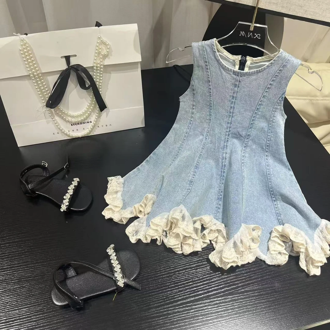 【2】夏季女童牛仔蕾丝花边连衣裙