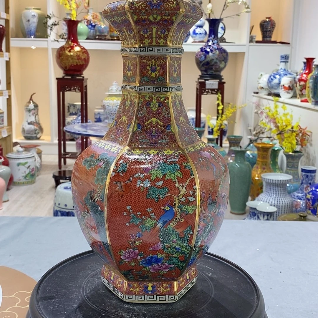 摆件陶33cm红色花鸟六方尊