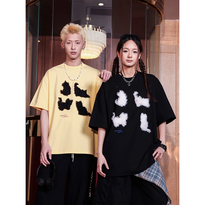 MANYSTON 美式高街潮流植绒云朵280g重磅情侣T恤夏季百搭冰感短袖