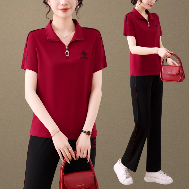 妈妈夏装短袖T恤上衣中老年人休闲运动套装女夏两件套母亲节衣服