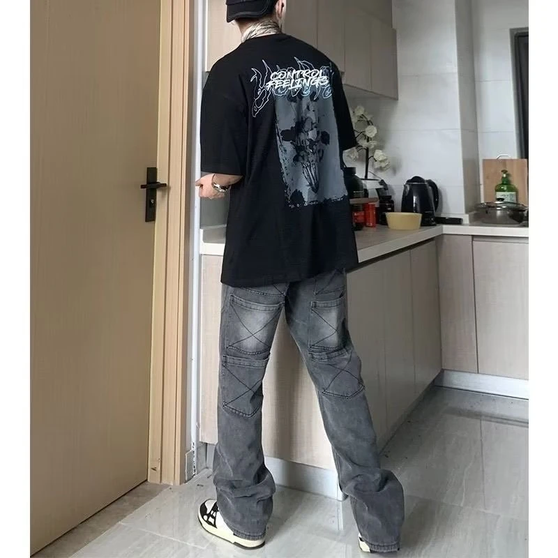 Z44美式复古高街多口袋牛仔裤男女直筒hiphop裤子潮牌insins