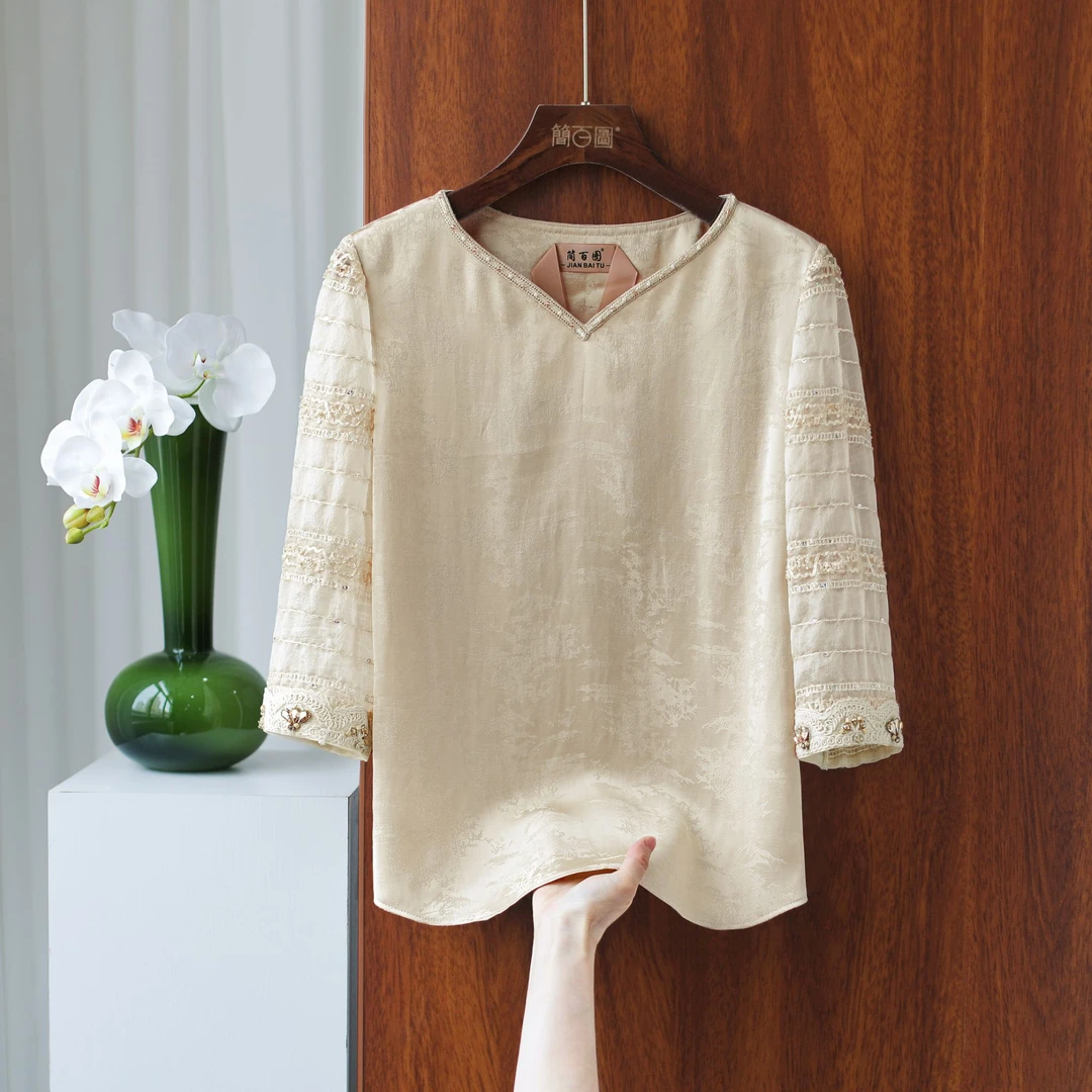 2025夏季新品桃心领提花新中式衬衫5分袖中国风女装复古