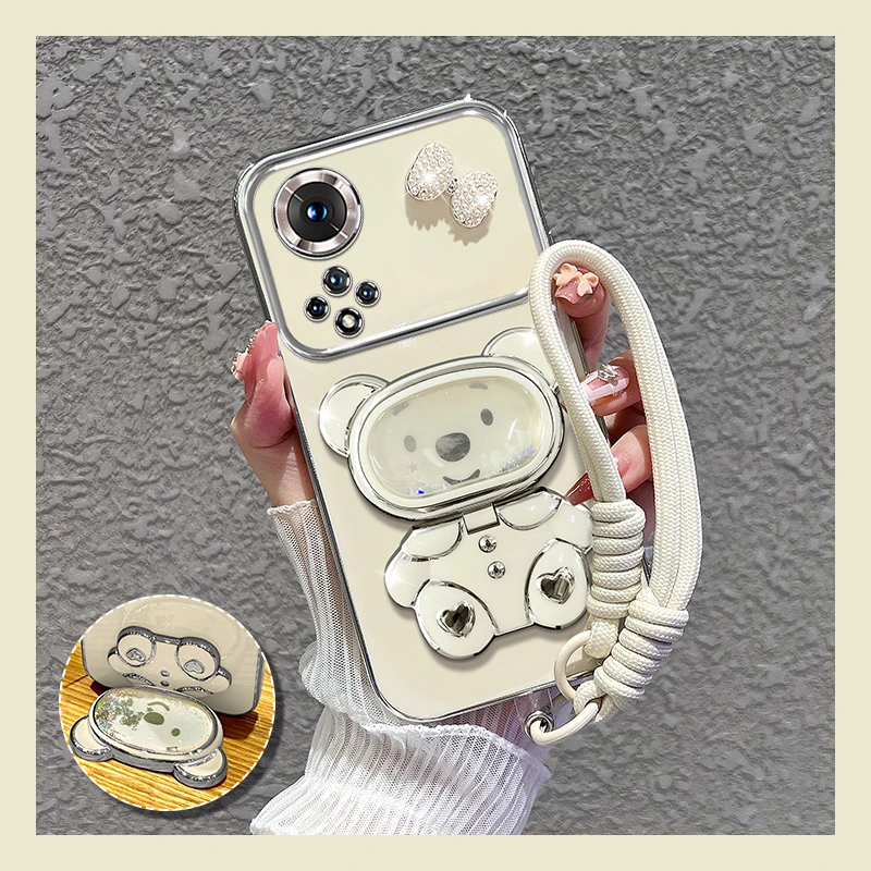 适用【华为nova9/pro】手机壳新款流沙熊镜子支架女蝴蝶结防摔硅胶