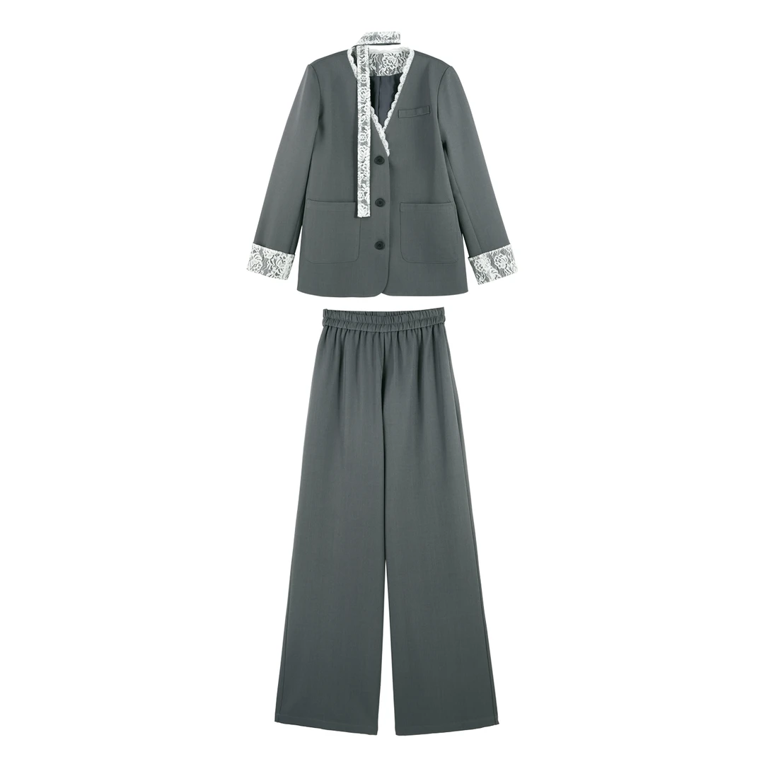 DENGDAHA「大哈」复古蕾丝拼接飘带装饰西装外套阔腿套装HBZW652086