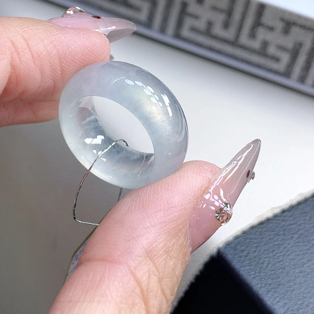 高冰种缅甸翡翠玉指环 10号11号宽边轮胎白冰戒圈15.3-9.1-4.3mm