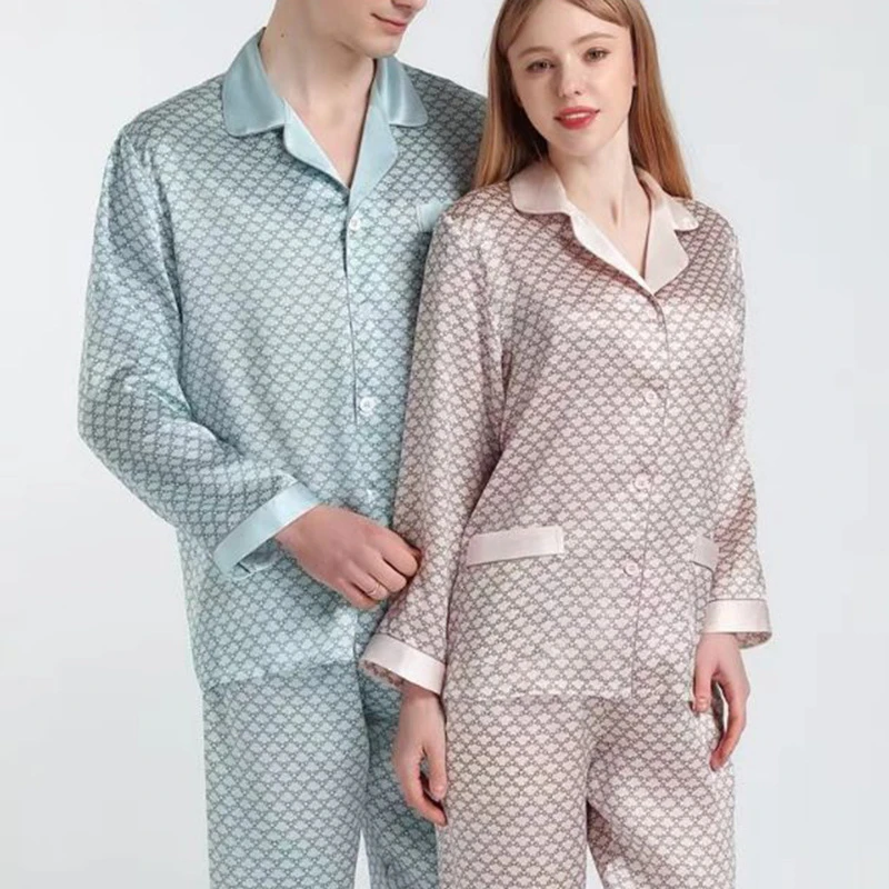 2025{【推荐】印花100桑蚕丝真丝睡衣两件套装男女情侣家居服