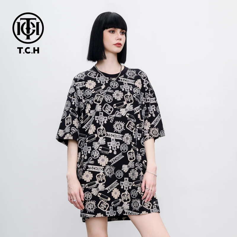 TCH 个性老花烫钻设计感T恤裙街头潮流圆领连衣裙女2025夏季新款