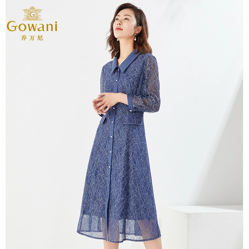 乔万尼商场同款气质长袖连衣裙重工蕾丝双层长裙春EI3E121