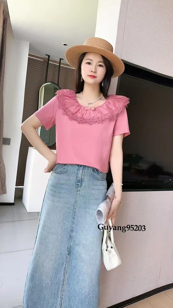 古扬夏款洋气荷叶边圆领上衣95203
