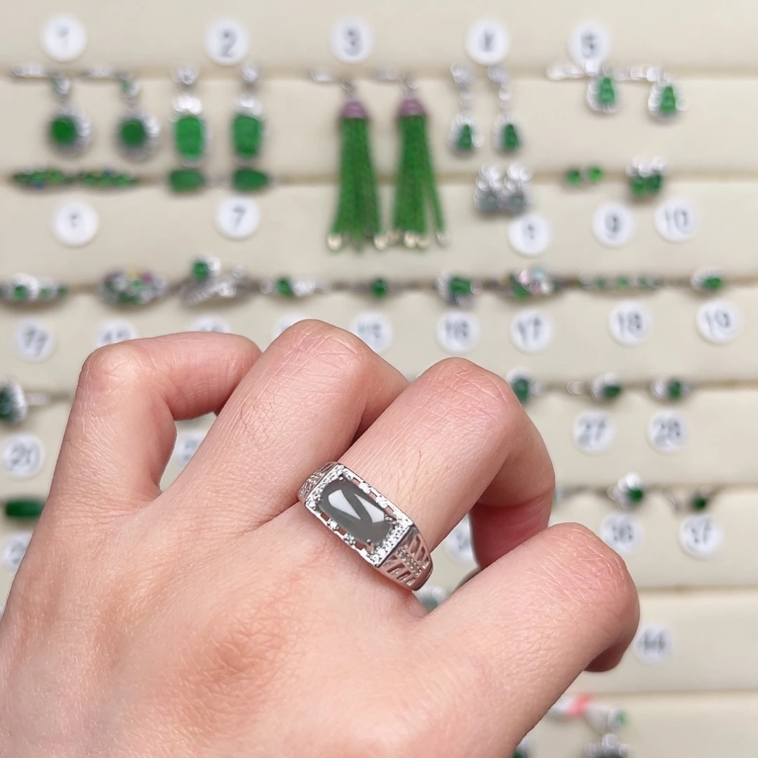 翡翠银S925镶嵌戒指天然