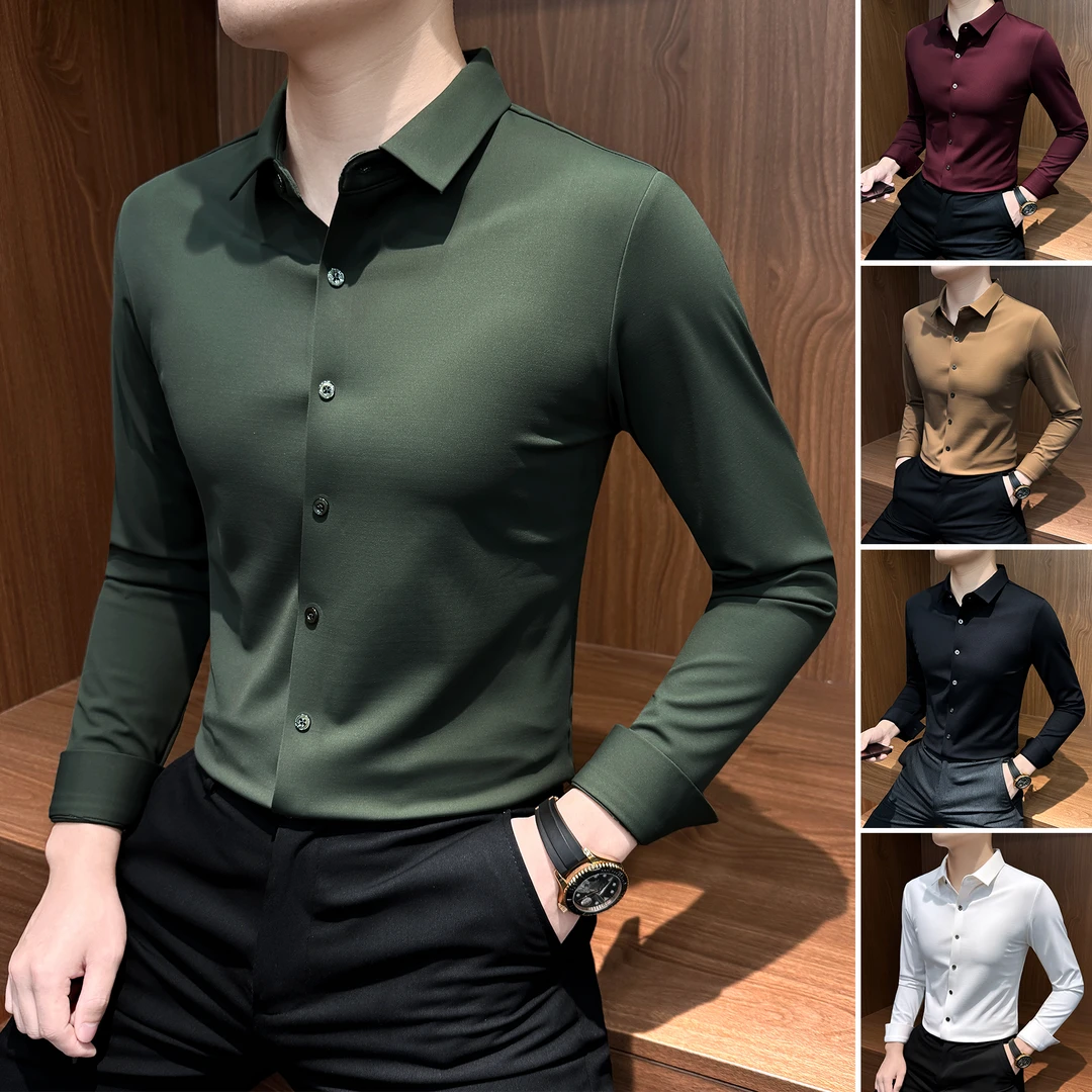 磨毛弹力长袖衬衫男款2025新款商务休闲男装冬季男士无痕保暖衬衣