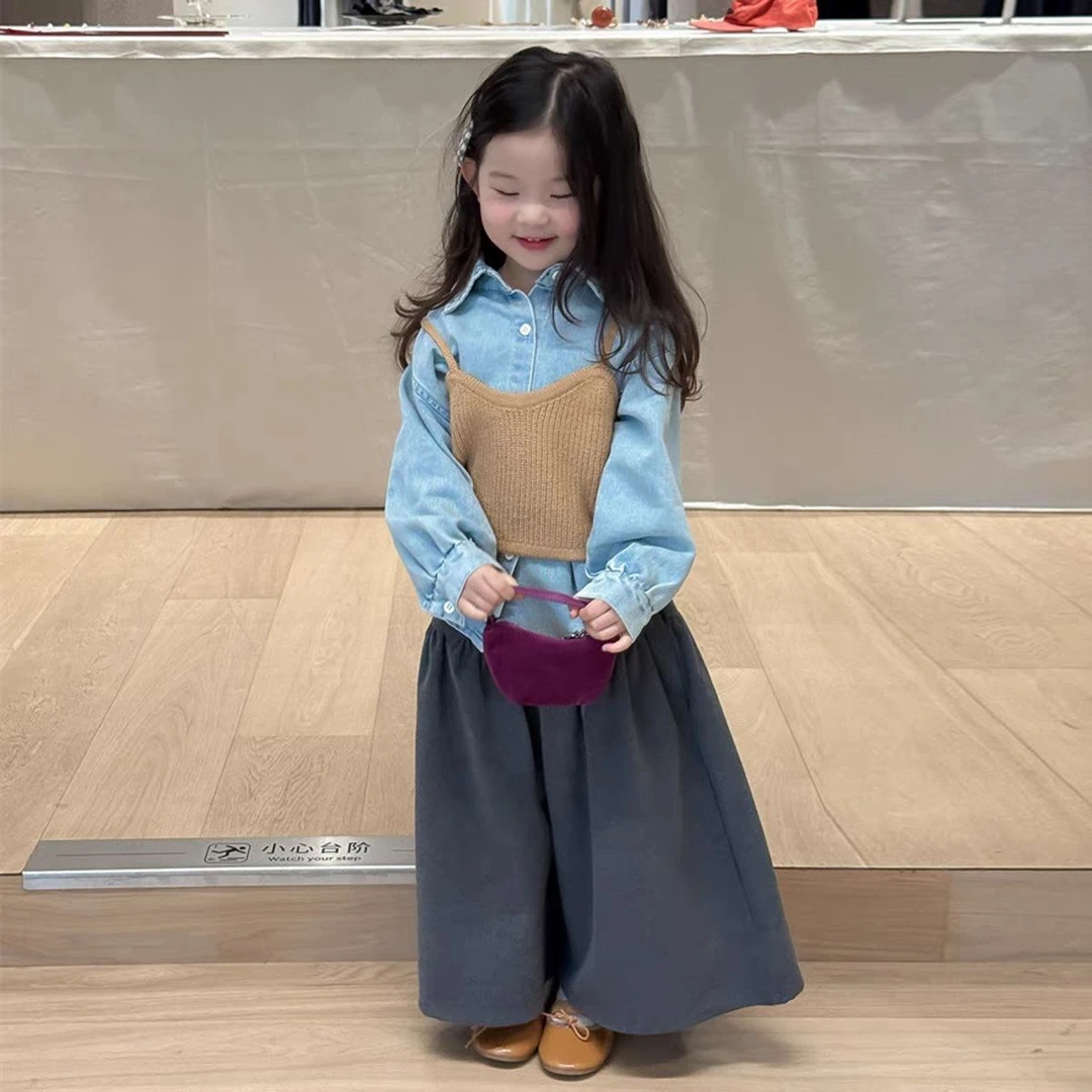女童套装2025秋季新款韩系女孩牛仔衬衫加针织吊带儿童宽松阔腿裤