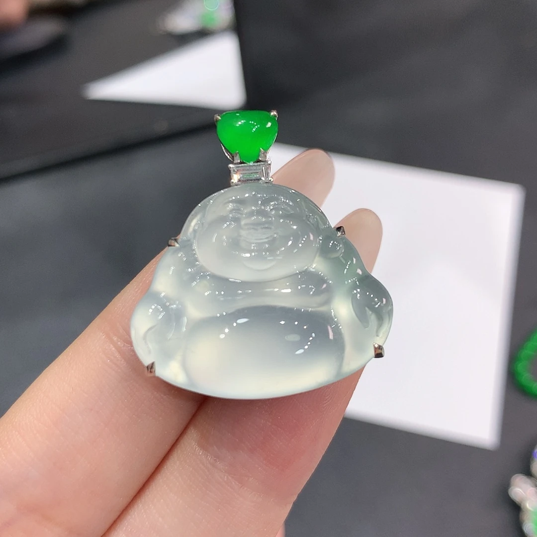 翡翠18K金镶嵌颈饰玻璃种起胶刚晴底佛公 48小时鉴赏期