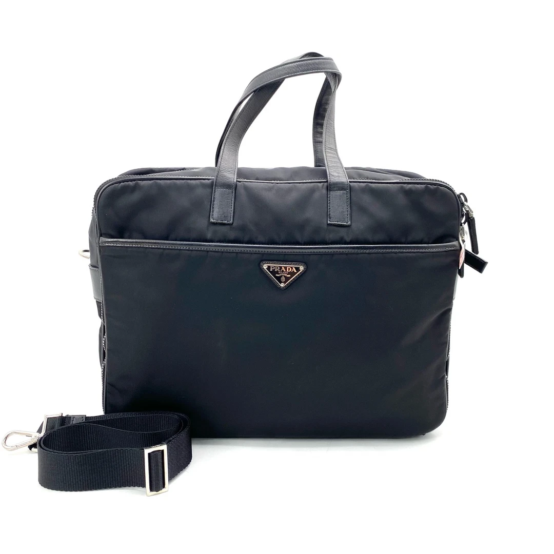 95新 Prada/普拉达 98新 黑色尼龙双拉链公文包 尺寸38/29