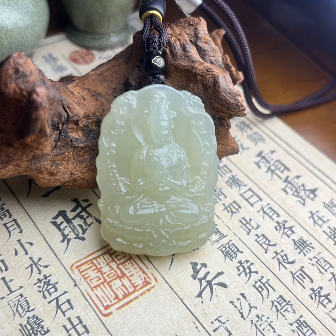 和田玉合十观音男士观音牌吊坠