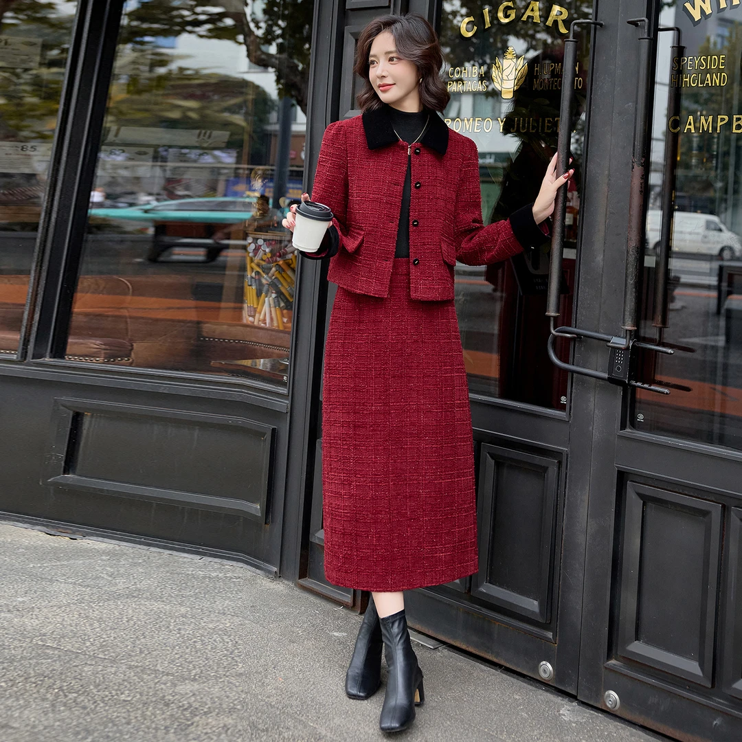 法式高级套装女2025秋新款红色婚宴礼服显瘦香风外套半身裙两件套