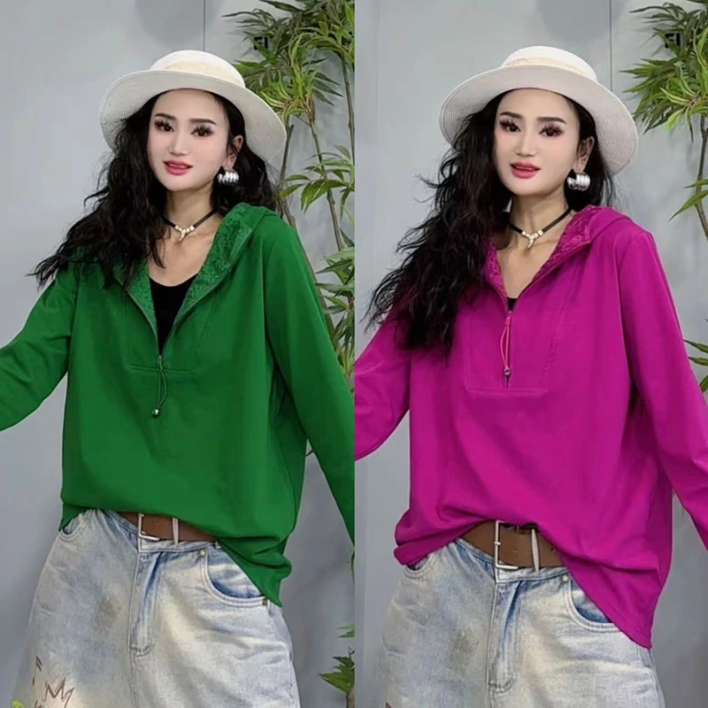 高品质蕾丝花边连帽卫衣女2025春季爆款休闲打底上衣T恤-25003