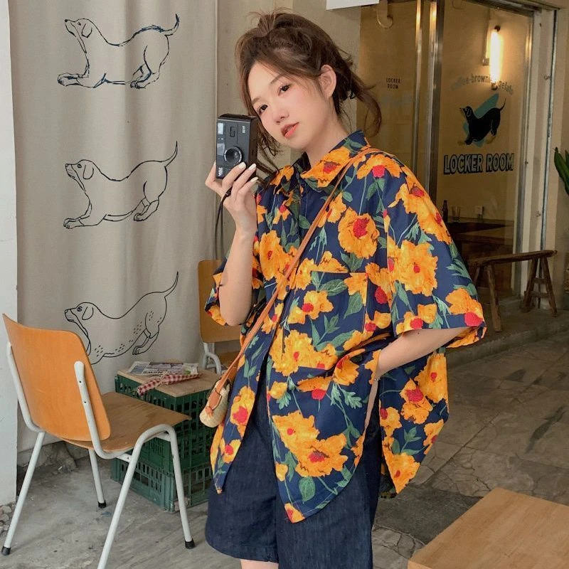 日系黄色艺术感短袖衬衫女复古港风夏季新款设计感小众气质衬衣潮