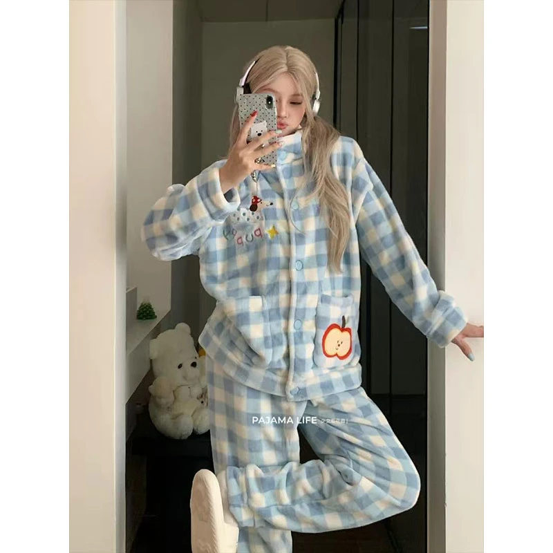 可爱苹果派小狗珊瑚绒睡衣女款秋冬季加厚加绒保暖高领家居服套装