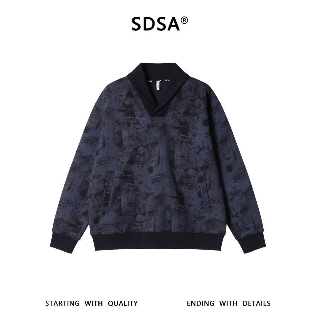SDSA男士秋冬新款痞帅男装时尚扎染拼接翻领卫衣百搭时尚套头上衣