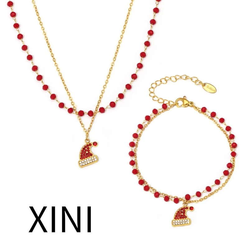 钛钢锆石项链 新款跨境圣诞系列镶钻圣诞帽项链手链套装轻奢礼物