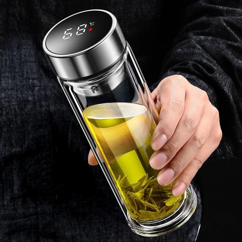 智能显温双层玻璃杯男女泡茶杯加厚办公防爆隔热大容量定制水杯子