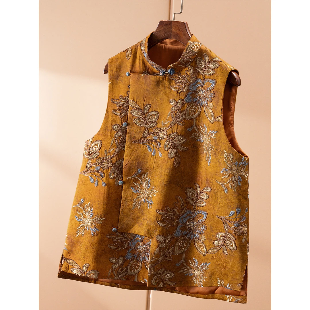 春天家 光影 新中式重工精致立体盘花刺绣立领盘扣马甲女59I7