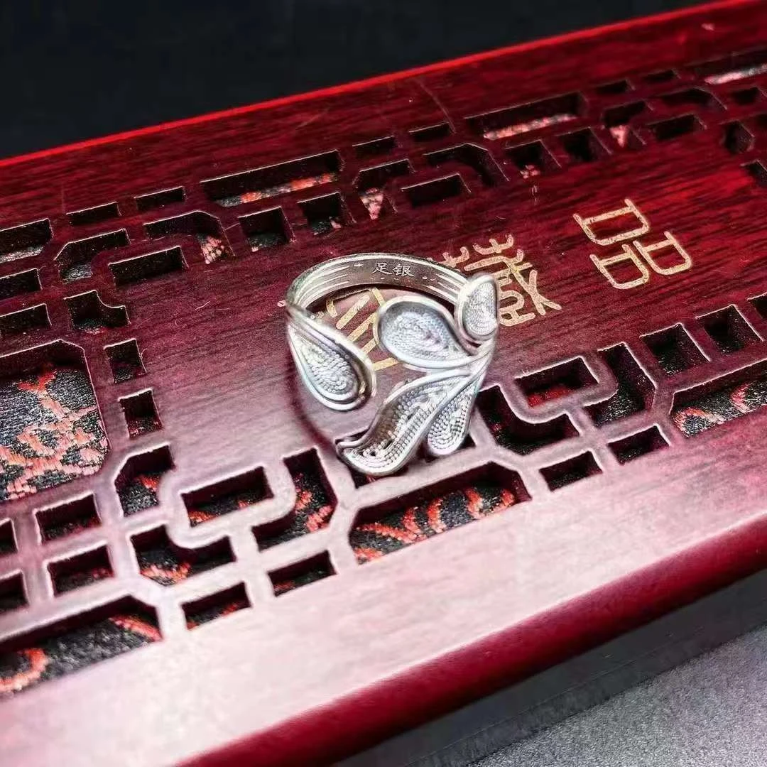 足银戒指 足银花丝金枝玉叶戒指