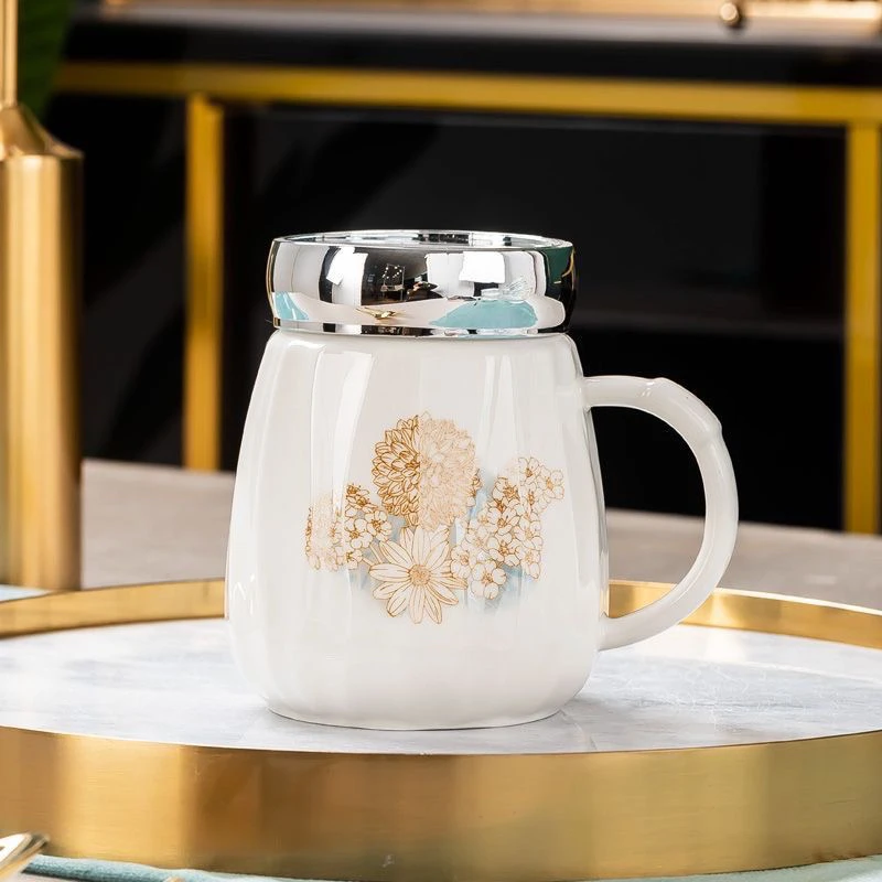 景德镇水杯陶瓷带盖茶杯镜面过滤茶水家用分离喝水杯子