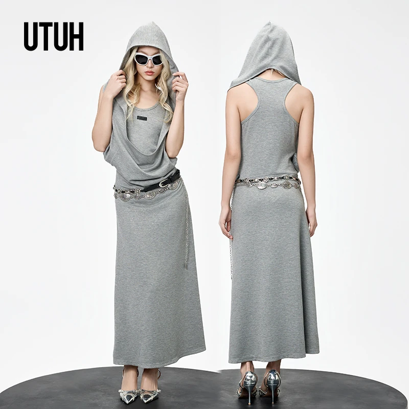UTUH 灰色优雅柔美休闲随性假两件连帽连衣裙夏季新款 TUWWR2L139