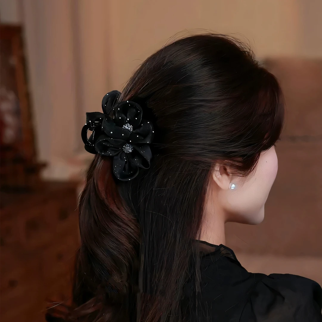 巴黎王妃发夹女复古典雅黑色玫瑰抓夹时尚潮流气质鲨鱼夹新款头饰