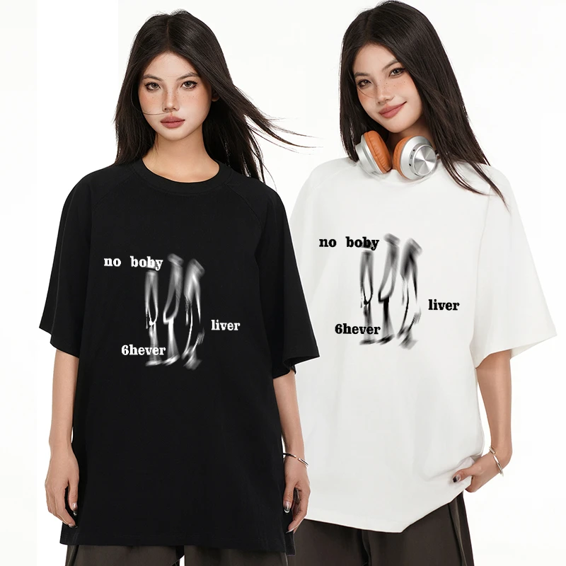 夏季新款女装植绒印花简笔三人花纹休闲T恤美式潮流简约短袖上衣