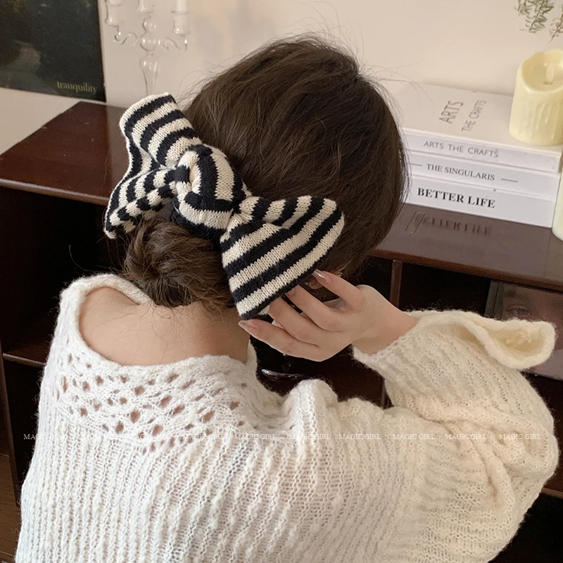 韩系黑白条纹蝴蝶结弹簧夹子发饰秋冬毛线针织发圈慵懒风皮筋头绳