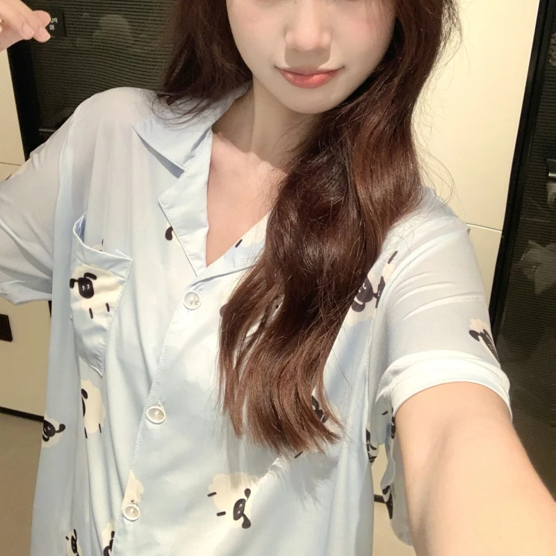 大码冰丝休闲睡衣宽松印花薄款少女胖mm甜美短裤女睡衣夏装新款