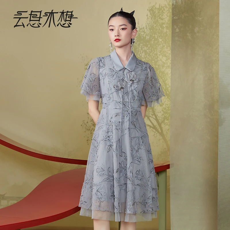 Ysimo-X云思木想新中式2024夏季新款立体花网纱绣品连衣裙11799