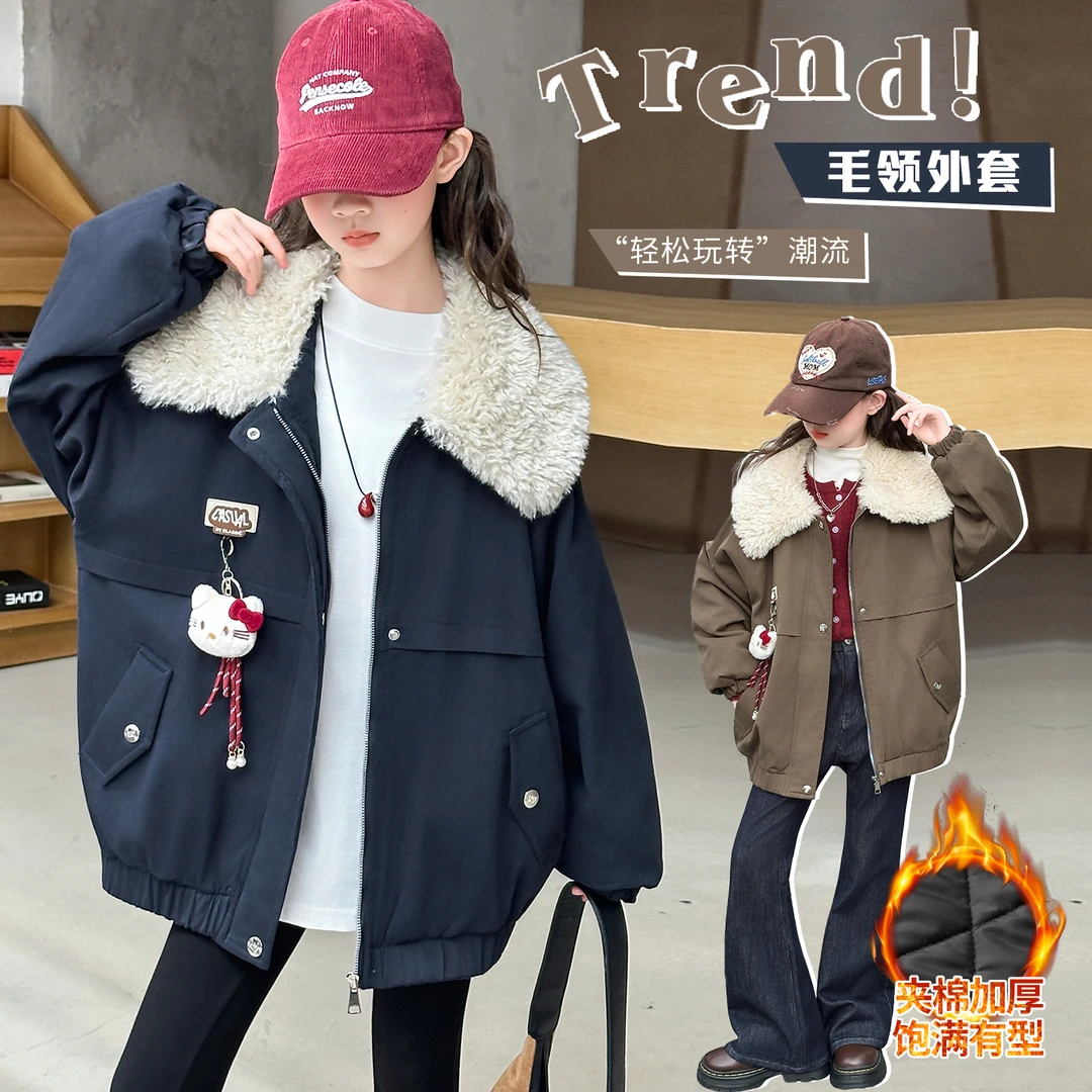 女童秋冬款外套2025新款儿童洋气绗棉派克服冬季休闲加厚毛领棉衣