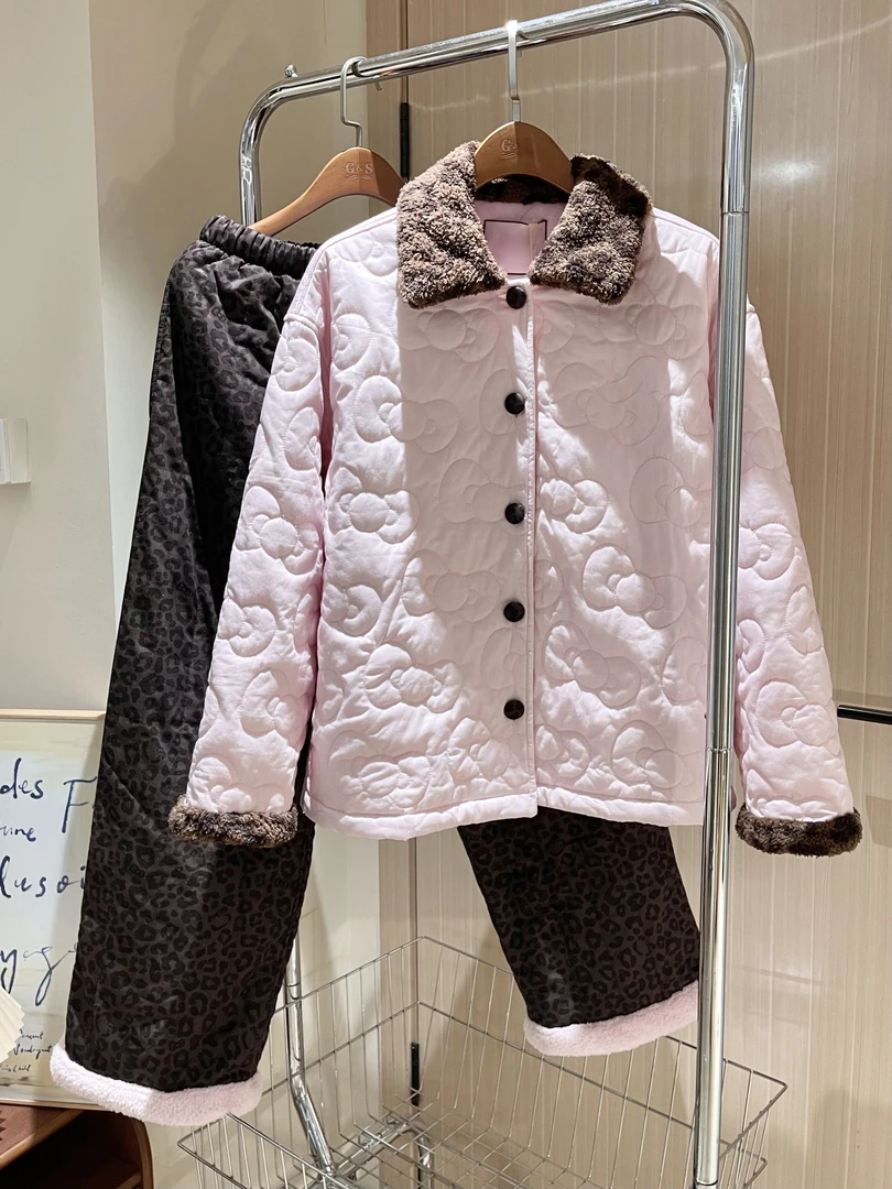 甜美风粉色加厚夹棉家居服套装2025秋冬季新款保暖可外穿情侣睡衣