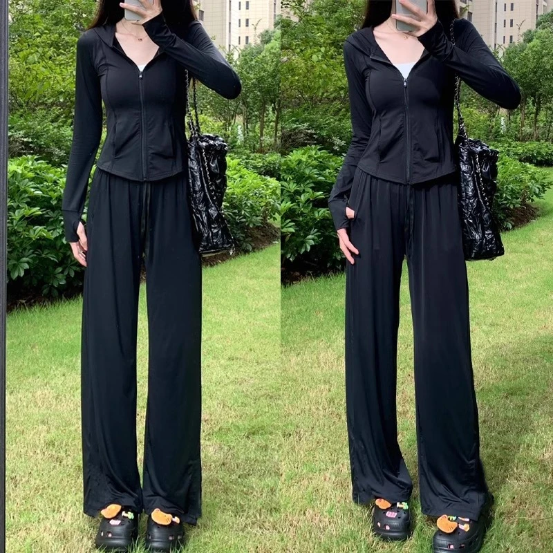 黑色防晒裤女夏季2025新款高腰显瘦垂坠感防蚊直筒冰丝凉凉阔腿裤