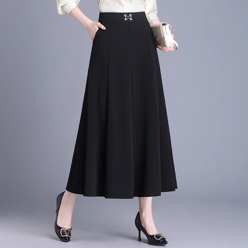 垂感半身裙女春季新款高腰显瘦a字裙口袋时尚气质黑色中长大摆裙