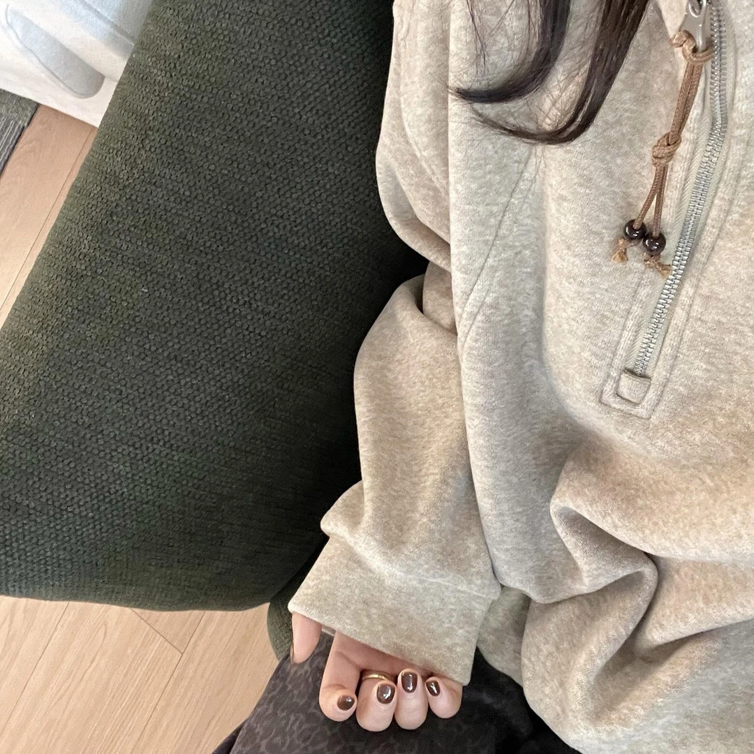 美式复古半拉链抽绳立领卫衣女春秋冬宽松显瘦松弛设计感时尚上衣