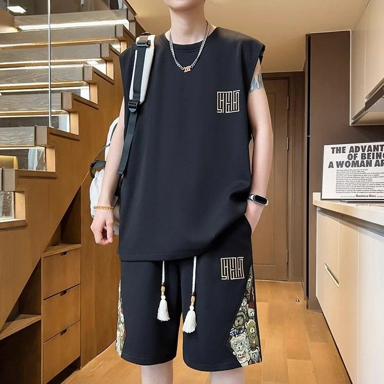 运动服五分裤男一套搭配夏季薄款宽松背心短裤休闲运动套装篮球服