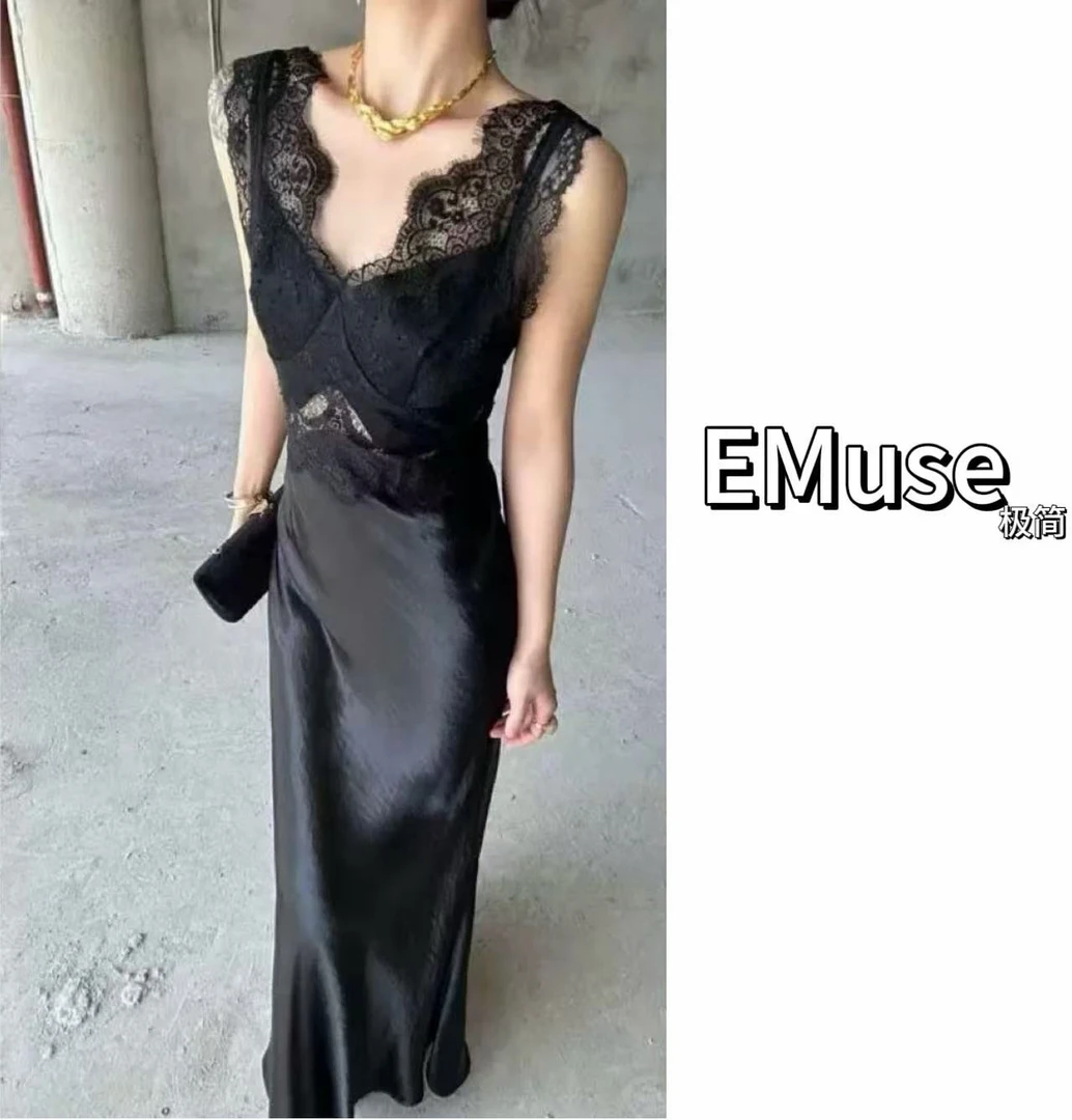 emuse法式宴会连衣裙高端名媛蕾丝拼接醋酸吊带裙晚礼服2025新款