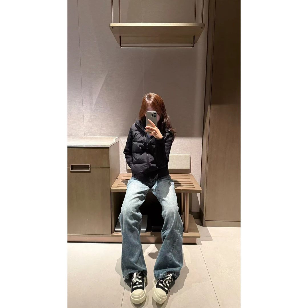 针织棉服女冬季小众立领保暖拼接外套浅变蓝色阔腿直筒牛仔裤长裤