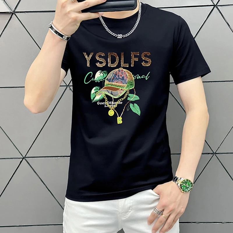 高级感半袖亮片帽子丝光棉光烫钻t恤男士短袖潮流圆领夏季新款潮