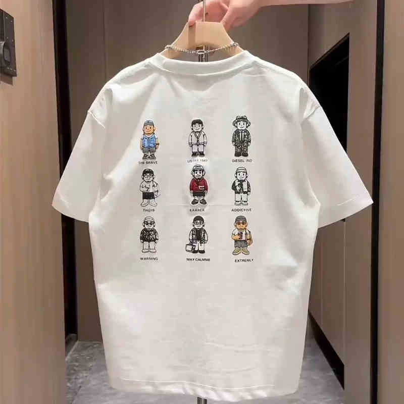 轻奢230g重磅棉T恤男透气吸汗卡通印花休闲灰色宽松短袖半袖潮牌t