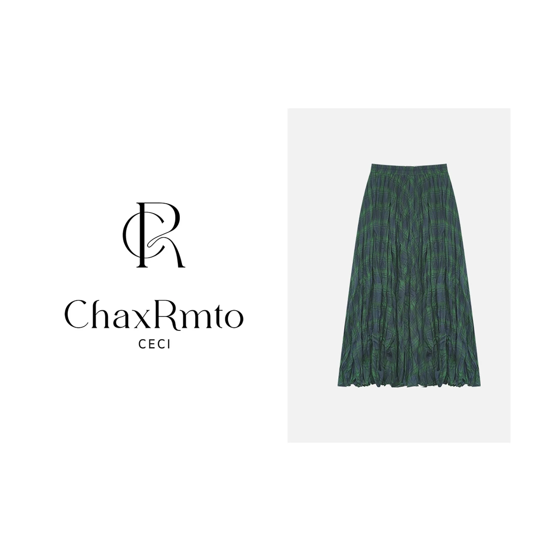 ChaxRmto斯斯 春夏款休闲撞色格纹褶皱半身裙百搭显瘦 SD1A0223