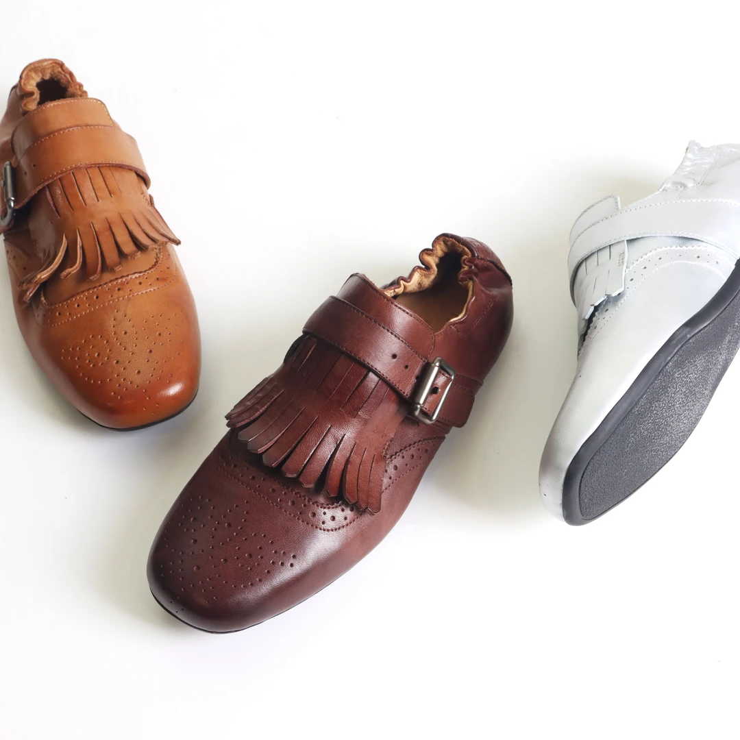 复古做旧雕花布洛克鞋马皮流苏圆头粗跟平底单鞋手工小皮鞋3225-1