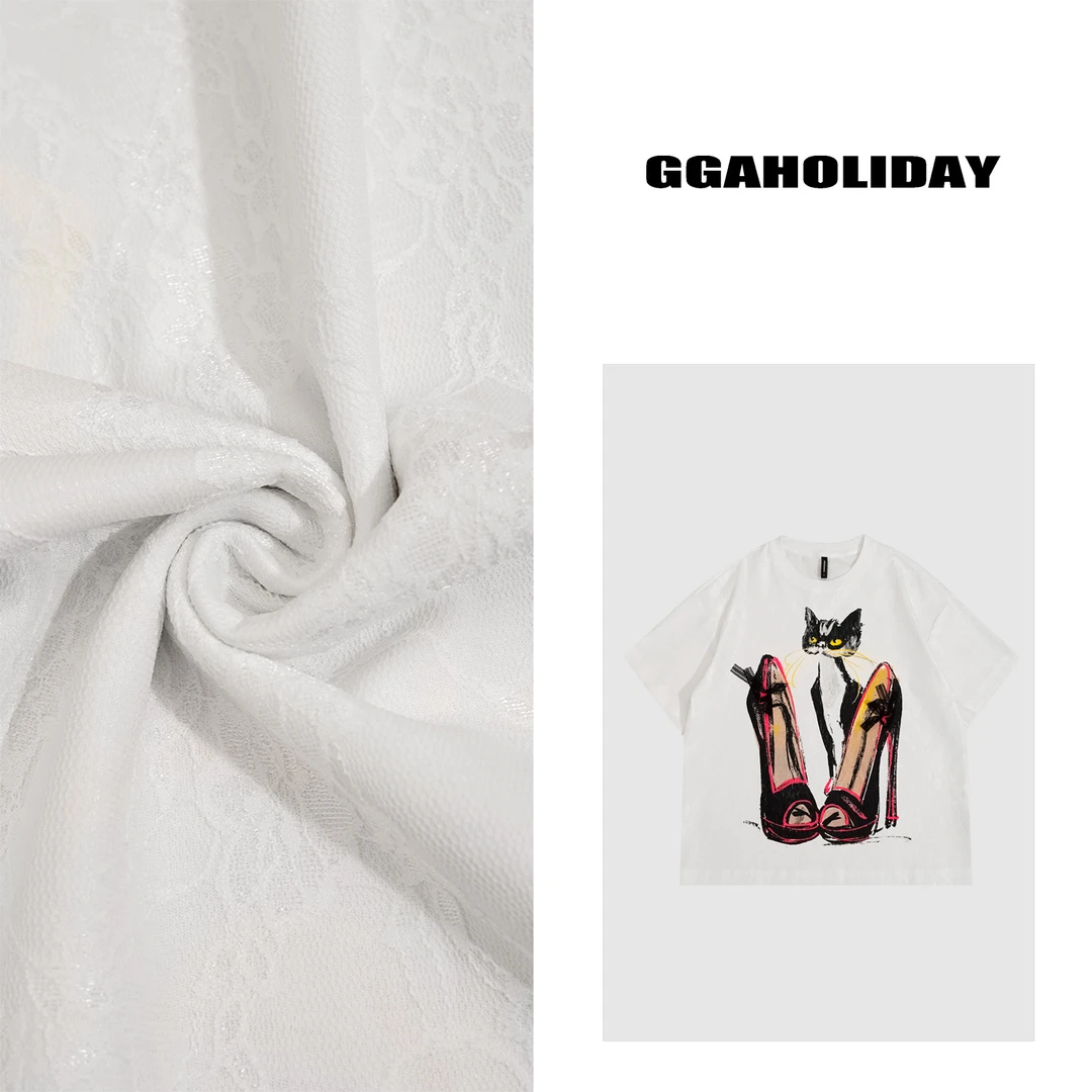 GGAHOLIDAY夏季休闲宽松印花圆领百搭复古美式白色短袖T恤-152474