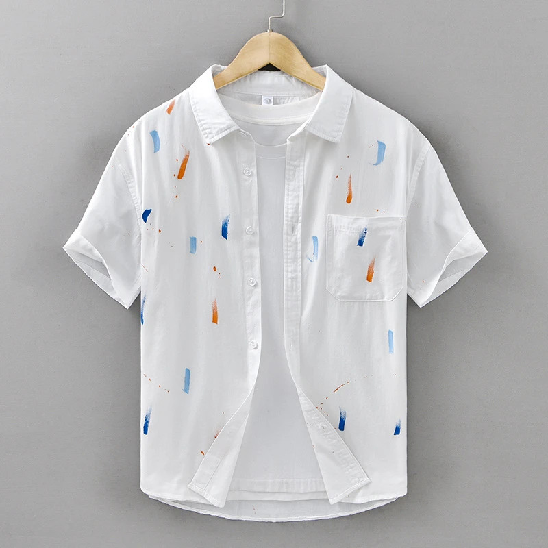 小清新泼墨短袖衬衫男士夏季新款纯棉设计感潮流印花休闲宽松衬衣